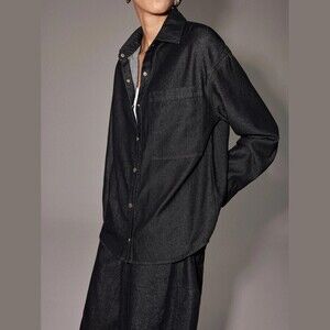 Black Denim Snap Front Drop Shoulder Oversized Shirt with Chest Pocket